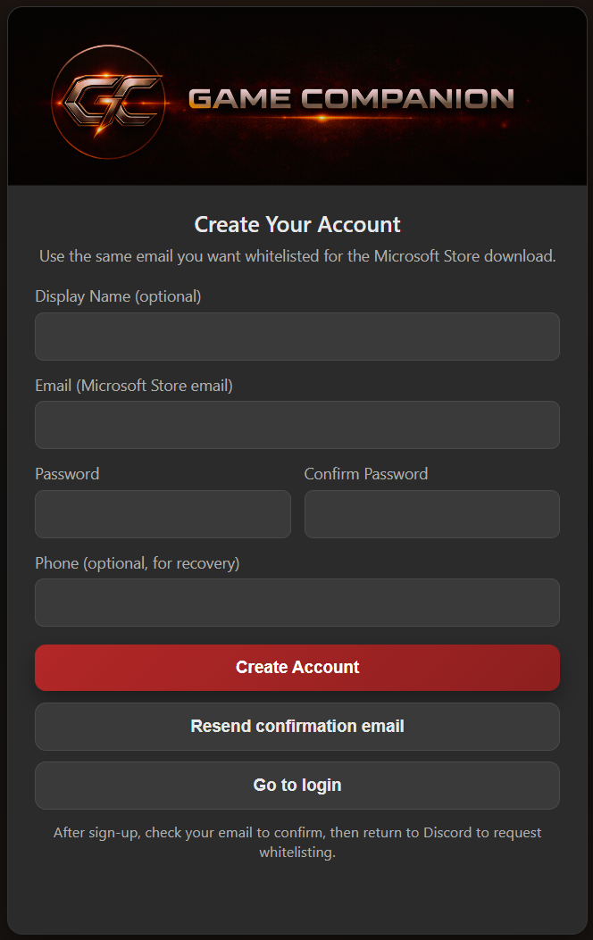 Game Companion Sign Up Screen